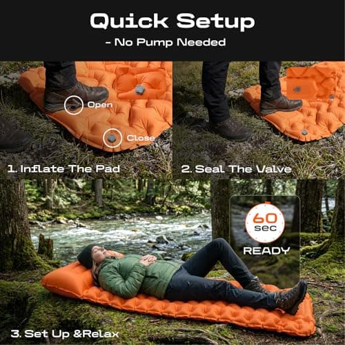 CKG Camping Sleeping Pad with Thermal Barrier, Ultralight Camping Mat 4in Thick with Pillow, Built-in Foot Pump Self Inflating Sleeping Pad for Hiking Tent Road Trip Car Camp Travel Gear, Orange — view 6
