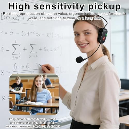 Wireless Microphone Headset, UHF Microphone Wireless Rechargeable Wireless Head Microphone Wireless Microphone Headset, 50 m Range, Headband Microphone for Teaching, Travel Guide, Fitness, Voice — view 5