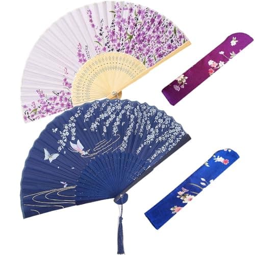 Belegao 2PCS Folding Hand Fans with Pouch and Tassel Elegant Hand Fans