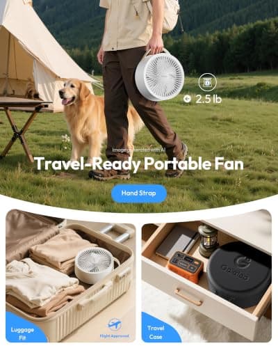 Gaiatop Portable Pedestal Fan, 16000mAh Battery, Max 74 Hours Runtime, Foldable Oscillating Pedestal Fan, Folding Desk Fan, LED Light, Case and Remote Control — view 6