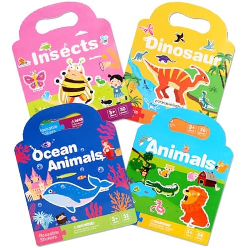 Acuiwer Reusable Sticker Books 4 Pack, Animals Insects Sticker Book with 3D Puffly Waterproof Reusable Stickers Books for Kids 3+ Kids Travel Activity Packs