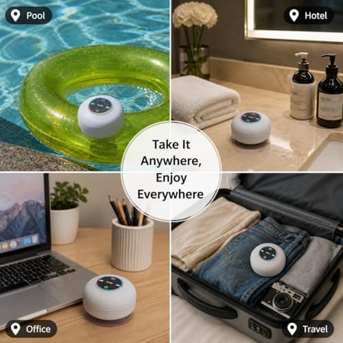 Bluetooth Shower Speaker with LED, Portable Wireless Mini Speaker (White) — view 6