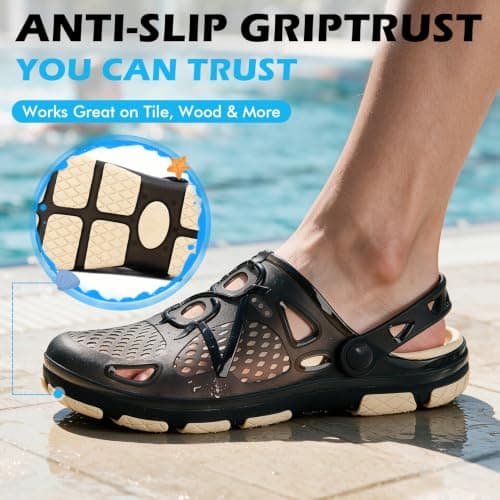 beister Mens Clogs Non Slip Water Shoes with Adjustable Strap, Lightweight Slip on Mules Garden Kitchen Outdoor Beach Yard Pool Shower Summer Sandals Slippers Black Beige — view 3