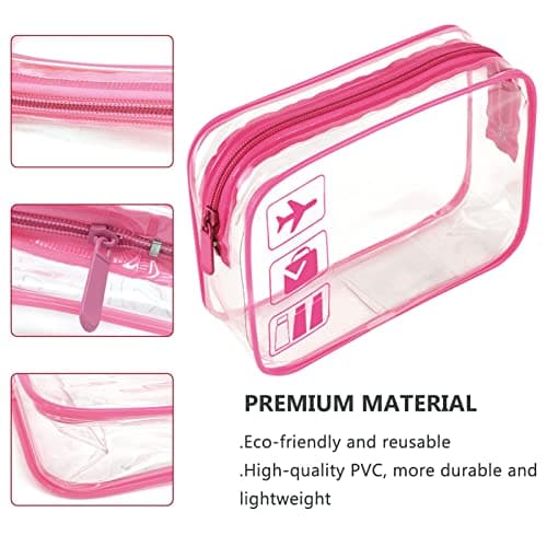 2pcs Clear Travel Toiletry Bag TSA Approved Quart Size Travel Bag Carry-on Liquid Cosmetic Pouch,Transparent Plastic Airport Security Toiletries Bags（Pink） — view 3