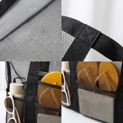 SINJAETRQ Mesh Beach Storage Bag with Multiple Pockets, Black Mesh Tote for Swimming Beach Travel, Large Capacity Sandproof Organizer 55×40cm with Reinforced Handles — view 4