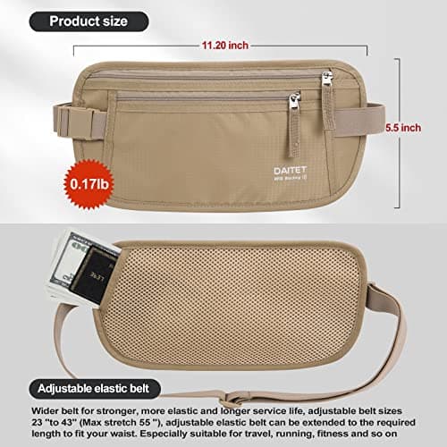 DAITET Money Belt - Passport Holder Secure Hidden Travel Wallet with RFID Blocking, Undercover Fanny Pack (Beige) — view 4