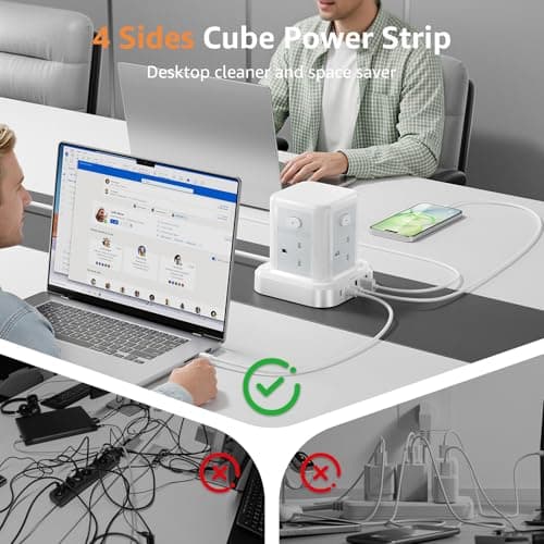 Cube Extension Lead with USB Slots, 4 Way Multi Plug Extension Socket with 3 USB C 3 USB A(13A/3250W) Tower Power Strip with 4 Independent Switches 1.5M Extension Cords for Desk Home Office Travel — view 6