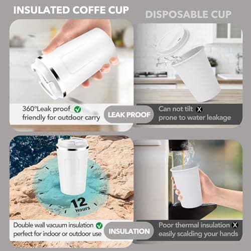 Volhoply 360ml 12oz Double Wall Insulated Vacuum Travel Coffee Mugs with Flip Lid Bulk 2 Pack,Reusable Stainless Steel Leak Proof Coffee Cup,Thermal Tumbler for Cold & Hot Drinks(Assorted,2 Set) — view 3