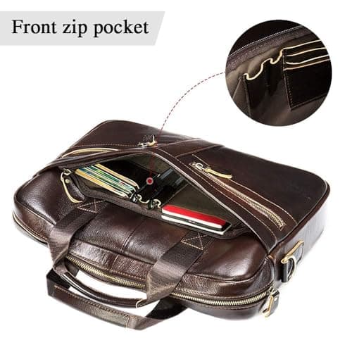 VINBAGGE Genuine Leather Briefcase for Men 14 Inch, Men's Business Laptop Work Bag, Messenger Bag with Adjustable Shoulder Strap, Professional Work Bag for Office Travel Commute — view 4