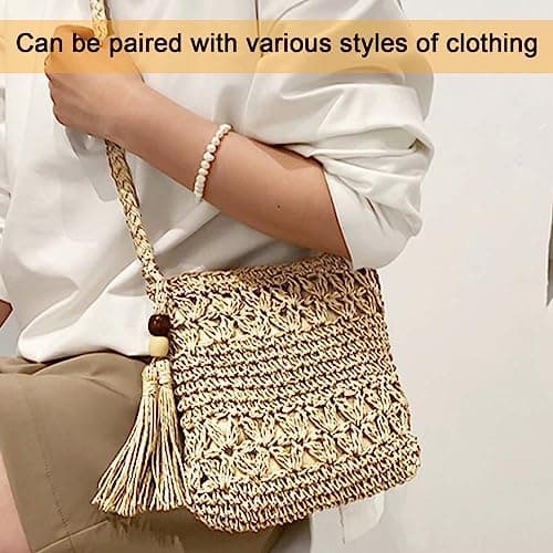 MUNSKT Straw Bag for Women with Tassel & Shell Keychain & Cherry Blossom Brooch, Weave Handmade Bohemian Crossbody Bag with Zipper for Summer Beach Travel — view 5