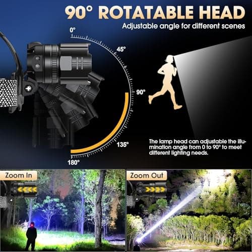 AdamStar Head Torch Rechargeable, 2 Pack Professional Headlamp, 120000LM Super Bright LED Headlight with Red Warning Light 5 Modes, 90° Adjustable Motion Sensor, Zoomable for Camping, Hiking Fishing — view 5