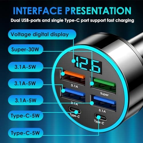 USB C Car Charger 6 Ports 45W Car USB Socket Adapter for Car USB — view 3