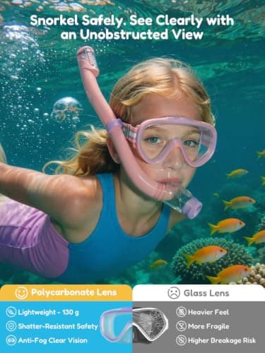 ACURE Kids Swim Goggles for Boys Girls Ages 3-14, Anti-Fog Snorkel Mask Set with Nose Cover and Fabric Strap Children Diving Mask in Swimming Pool for Youth (Pink & Mint/Purple, Mask & Snorkel Set) — view 3