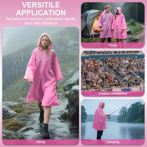Czyan 2 Pack Rain Ponchos for Adults Reusable,Thickened Portable EVA Waterproof Raincoats Survival Emergency Lightweight Duty Rain Coat with Drawstring Hood for Hiking Camping Fishing & Travel - Pink — view 2