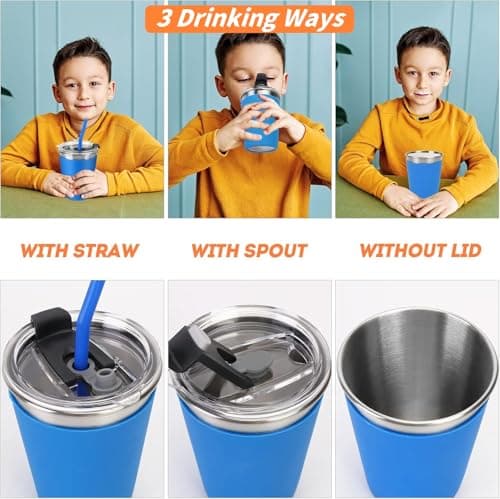 KAHEIGN 6Pcs Stainless Steel Cups with Lids & Straws, 360ml Unbreakable Kids Tumbler Reusable Drinking Cup Travel Mug Iced Coffee Cup with Removable Silicone Sleeves for Adults Kids Cold Hot Drinks — view 3
