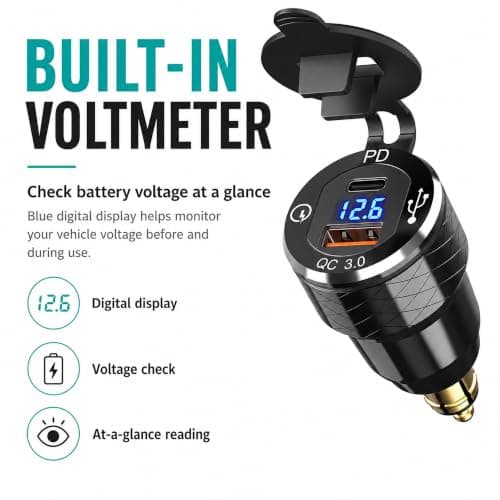 UltimateAddons Motorcycle DIN Hella USB Charger with Voltmeter – 38W USB-A QC 3.0 & USB-C PD Fast Charger for BMW, Triumph & Compatible Motorcycles — view 3