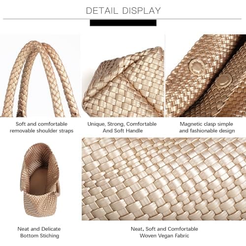 Queenoris Woven Bag for Women, Fashion Top Handle Shoulder Bag Vegan Leather Shopper, Golden — view 5