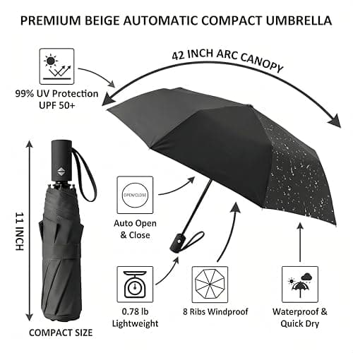 BAODINI Small UV Protection Travel Umbrella Compact for Rain and Sun UPF 50+ Windproof Portable 42 inch Umbrella for Women and Men Black — view 6