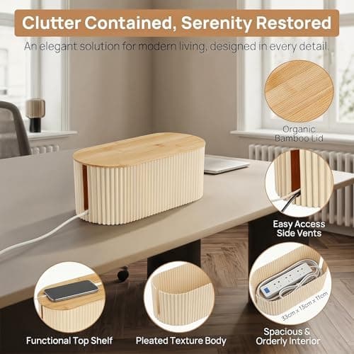 Cable Tidy Box, Cable Management Box with Bamboo Lid, 33×13×11cm — view 3