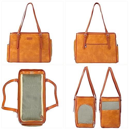 Lasaviin Leather Carrier Bag for Small Dogs Cats Puppies Airline Approved Brown — view 3