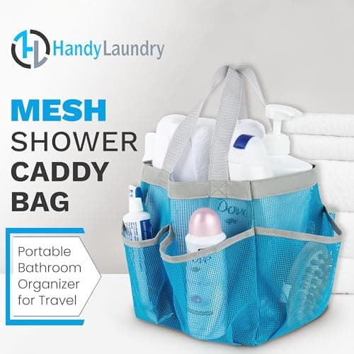 Handy Laundry Mesh Shower Caddy - 7 Pocket Portable Bathroom Organizer Tote for Travel, Gym & Dorm - Collapsible Small Shower Caddy Bag to Hold Toiletries & Essentials (Blue) — view 2