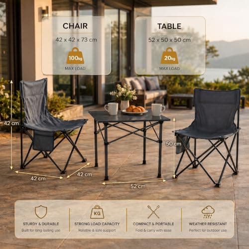 HomlyPro Folding Camping Table and Chairs, Set of 2 - Lightweight and Durable, Garden Table and Chairs with Carry Bag for Indoor & Outdoor Use, Ideal for Picnic & Garden (Grey) — view 2