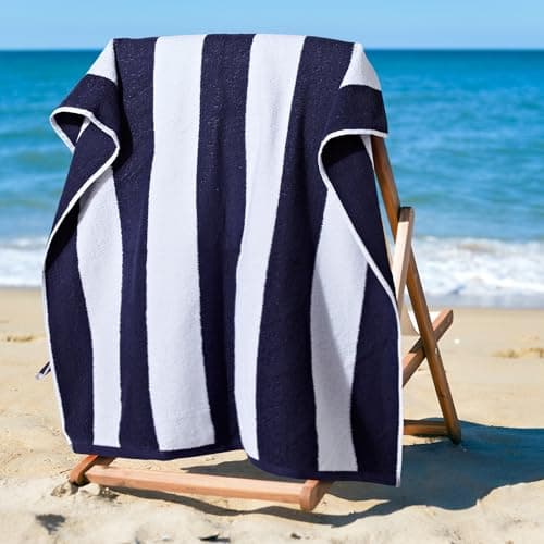 La Maison Cabana Stripe Beach Towels 100% Cotton 70cm x 150cm Large Pool Towel Absorbent Supersoft Quick Dry Sand Proof Beach Towel Holiday Yoga Gym Swimming Towel (2, Navy Blue) — view 2