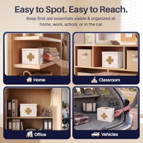 Flexzion Metal First Aid Box Empty, 8.5 Inch White Vintage First Aid Storage Box, First Aid Tin Container with Dividers, Removable Tray, Side Handles and Gold Cross Logo — view 6