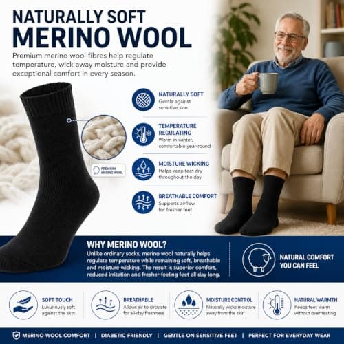 ITRAT Men’s Merino Wool Diabetic Socks UK Size 6–11 – Soft, Non-Binding Thermal Socks Breathable & Cushioned Comfort Fit for Sensitive or Swollen Feet (Black) — view 4