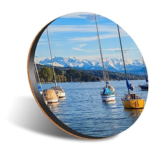 1 x Round Jumbo Size Coaster 12cm Lake Zurich Switzerland Alps Winter Cork Backed MDF Glossy Tea Coffee Accessory #51314