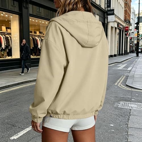 Flodxo Lightweight Waterproof Jacket Womens Rain Coats for Women Summer Long Sleeve Full Zip Raincoat Hooded Breathable Windbreaker Softshell Jackets for Hiking Walking Cycling Khaki M — view 3