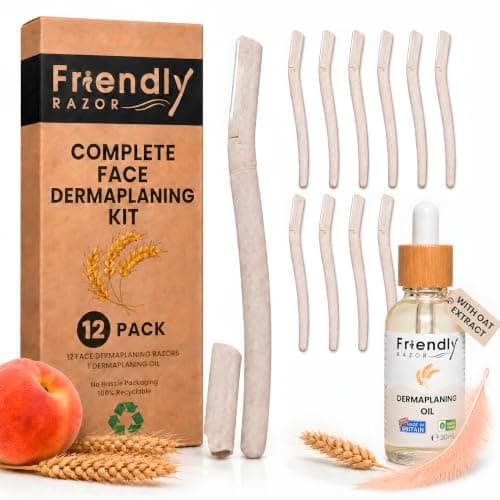 Dermaplaning Kit - Dermaplaning Oil and shaver Bundle - Complete Starter Pack for beginners - Dermaplane Razor (Wheatstraw, 12 Pack)