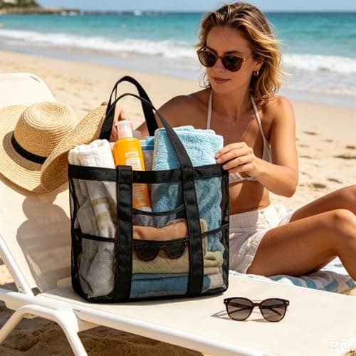 Mesh Beach Bag,Large Lightweight Tote Bag Sand Free 8 Pockets Beach Hollow — view 2