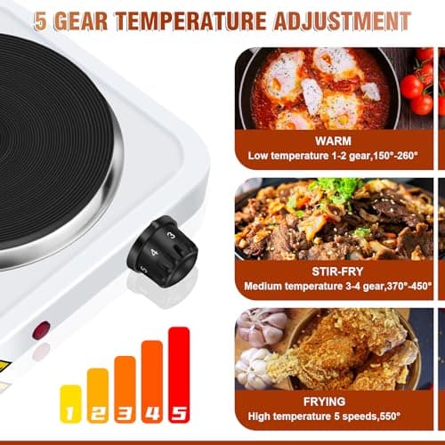 Electric Hot Plate 2 Ring Hobs with Cast Iron Heating Plates and Variable Heat Settings Control 1000W & 1500W Hobs, Overheat Protection Ideal for Cooking for Home/Travel/Camping and Caravans White — view 6