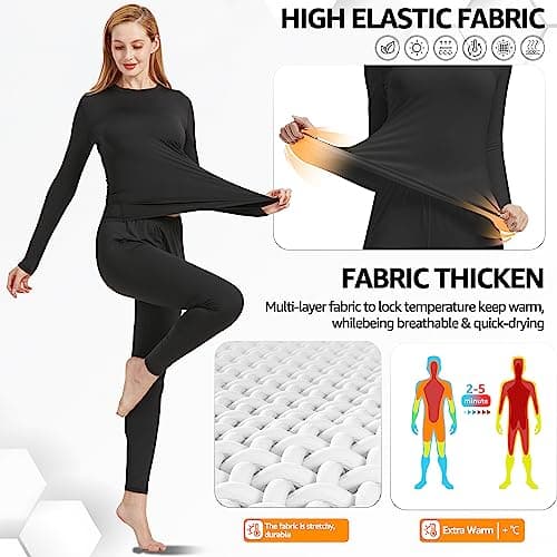 UNIQUEBELLA Womens Thermal Underwear Set,Crew Neck Long Sleeved Base Layer Top & Leggings Multifunctional Home Thermal Base Layers for Sports Skiing Black — view 3