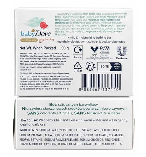 BABY DOVE Fragrance Free Moisture Bathing Soap Bar for Sensitive Baby Skin, Gentle Hypoallergenic Tear-Free Mild Cleanser, 4 x 90g — view 3