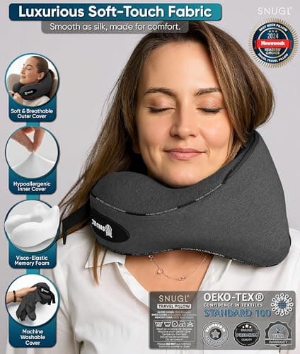 SNUGL Travel Pillow – Memory Foam Neck Pillow for Travel – Support Cushion for Airplane with Carry Bag & Clip - Holiday Essentials (Dark Grey - Adult Regular) — view 6