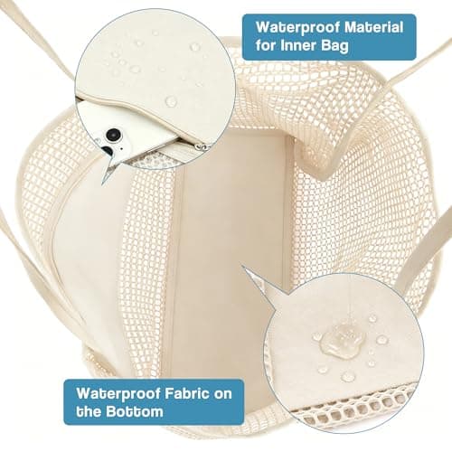 Poeruse Beach Mesh Tote Bag, Beach Bags for Women with Zip, 26L Mesh Handbags, Travel Shopping Handbag for Holiday (White) — view 4