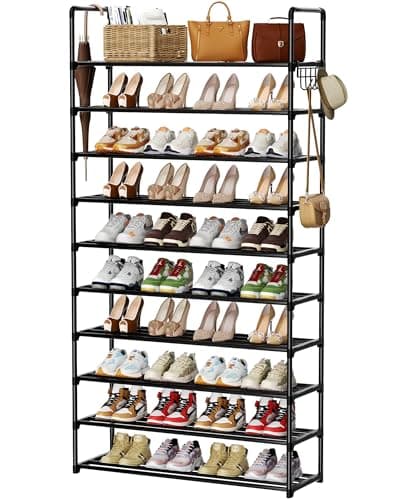 SPUSEN Metal Shoe Rack, 10 Tier Shoe Storage Organizer with Hooks,Fit 40-45Pairs Shoes,Metal Tall Shoe Shelf for Closet,Entryway,Garage,Bedroom,Cloakroom