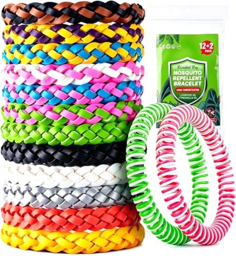 Mosquito Repellent Bracelet 14 Pack,100% Natural Insect Mosquito Bands Adjustable Leather Deet-Free Insect Repellent Bracelets for Adults & Kids Hiking Outdoor Travel Essentials