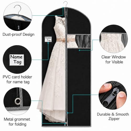 Dress Bag Covers Long, URMI Breathable 60 x 183cm (3 PCS) Hanging Wedding Dress Bridesmaid Dress Bags for Gowns Prom Bridal Garment Bags with Clear Window Moth Proof Clothes Cover Storage Bag Black — view 3