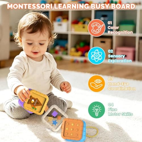 Felly Montessori Busy Board for Toddler 1+ Years, 9 in 1 Baby Sensory Activity Cube, Travel Toys for Airplane and Car, Fine Motor Skill, Birthday for Boys Girls Baby Shower — view 2