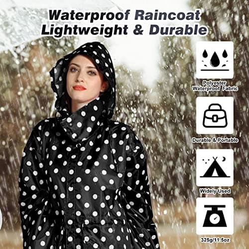 LAMA Womens Long Raincoats with Hood, Waterproof Reusable Packable Rain Coat with Long Sleeves for Adults Womens Ladies, Rain Coat for Bike Moto Riding Hiking Trekking, BlackDots — view 3
