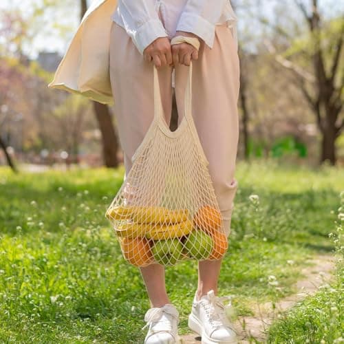 VNIDJGB 2 Pcs Grocery String Bags,Beige Reusable Cotton String Bag,Portable Eco-Friendly Portable Mesh Produce Bags,Lightweight Grocery Shopping Bag,for Storage Outgoing Travel,Vegetables(2 Sizes) — view 3