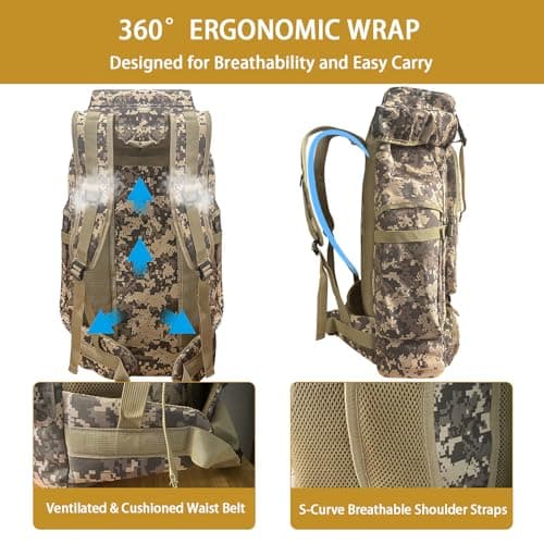 Vaupan Hiking Backpack, 80L Camping Military Tactical Backpack with USB Charging Port, Waterproof Large Travel Daypack Outdoor MOLLE Rucksack for Men Women (City Camo-Biner) — view 5
