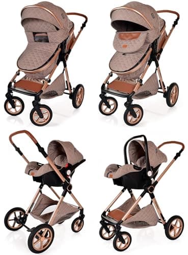 Baby Pram Pushchair Buggy with Car Seat Lightweight Stroller Folding Strollers 3 in1 Travel System Baby Trolley Pram for Newborns Toddlers from Birth (Beige - Rose Gold Frame) — view 5