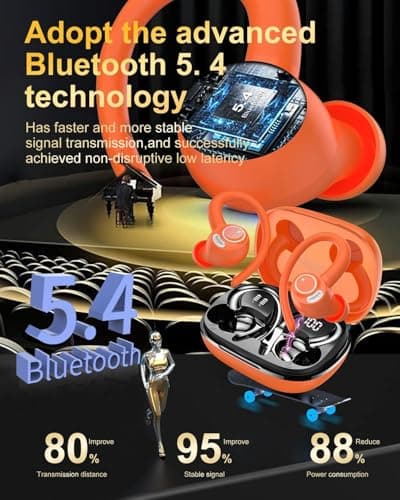 Sports Wireless Earbuds with EarHooks HiFi Stereo Sound, Vibrant Orange — view 3