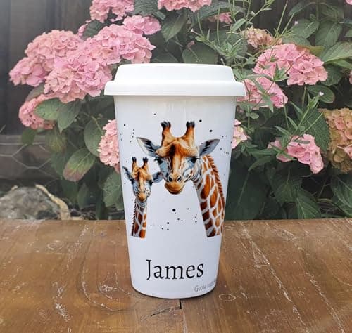 Personalised Giraffe Travel Mug, Gift for Safari Lover, Thank you present for Zoo Animal Lover, Hot Drinks Flask, Insulated Coffee Cup — view 3