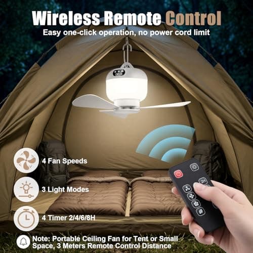 Camping Fan with Light & Remote, Portable Ceiling Fan Wireless Rechargeable Tent Fan with 4 Speeds,3 Light Modes,Timer, Battery Powered Fan for Tents, Canopy, Beach, RV, Car, Camper & Outdoor — view 2