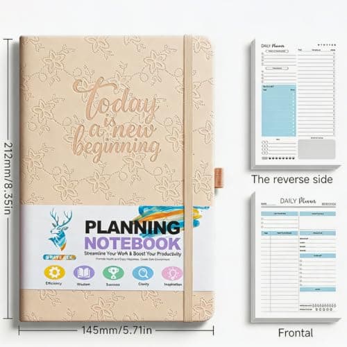 A5 Daily Planner Notebook with Stickers, Faux Leather Cover, 14.8x21.2 cm, Pink, Blue, Green, Schedule, To-Do List, Goals, Meal Plan — view 4